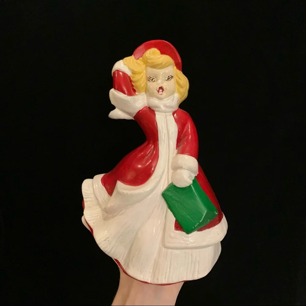 Vintage Ceramic Christmas Caroler Woman Red Flowing Dress Blowing in Wind FLAWS